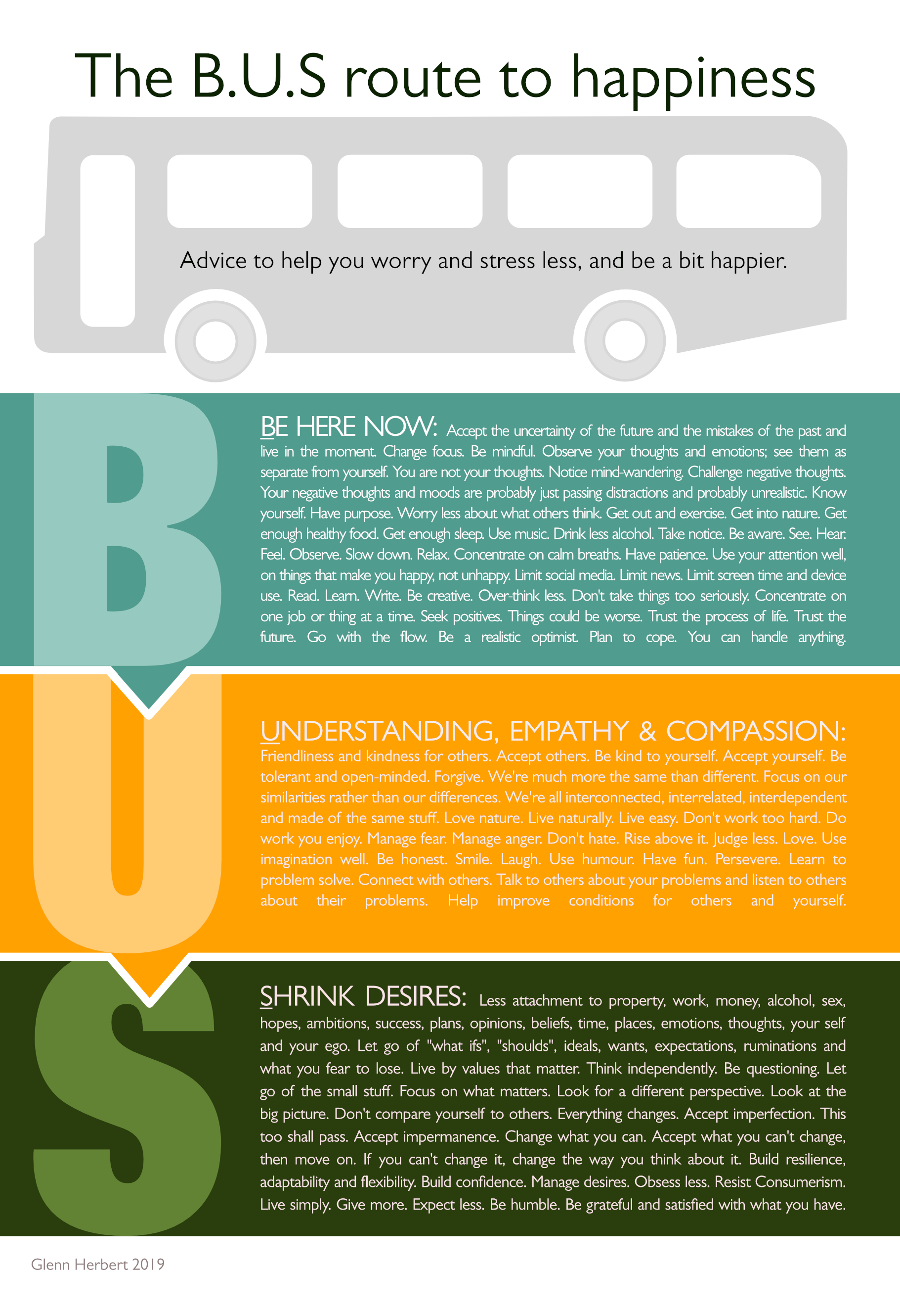 BUS Route. Be here now, Empathy and Compassion, Desire Less. Things I've found to help me worry and stress less and be a bit happier.
